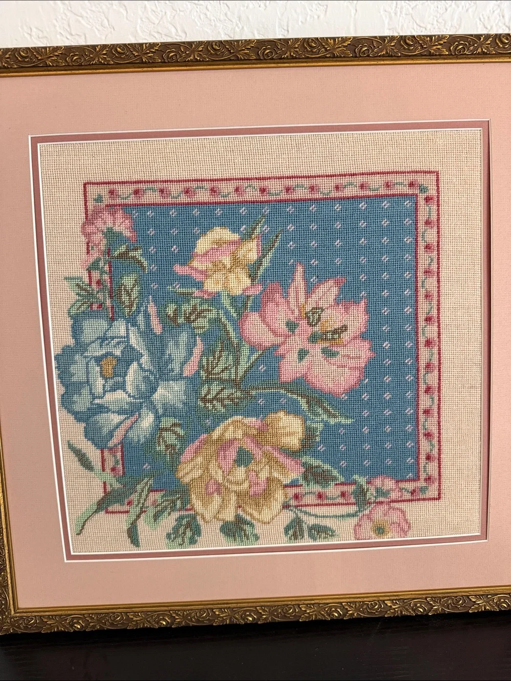 Vintage Floral Needlepoint Wall Art in Pink and Blue